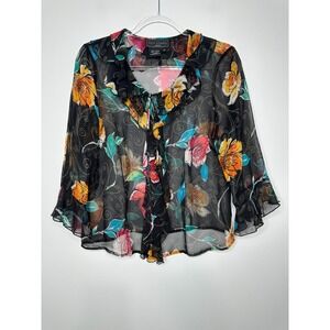 Vtg Tess Studio Silk Blouse 10P Black Floral Sheer Button Up Whimsigoth